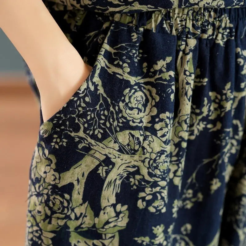 New Summer Floral Print Midi Sleeve Cotton Linen Loose Women's Two-Piece Set Ethnic Style Mom Clothes Comfortable Breathable