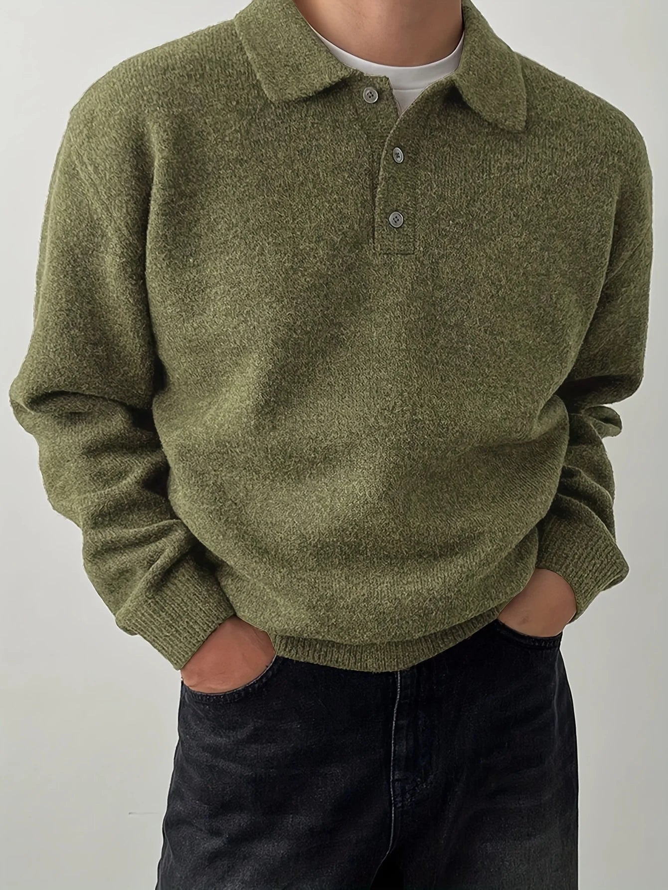 LVLAEA Solid Color Men Fall Winter Loungwear Shirt Long Sleeve Lapel Buttonup Collar Old Money Style Loose Warm Fashion Pullover