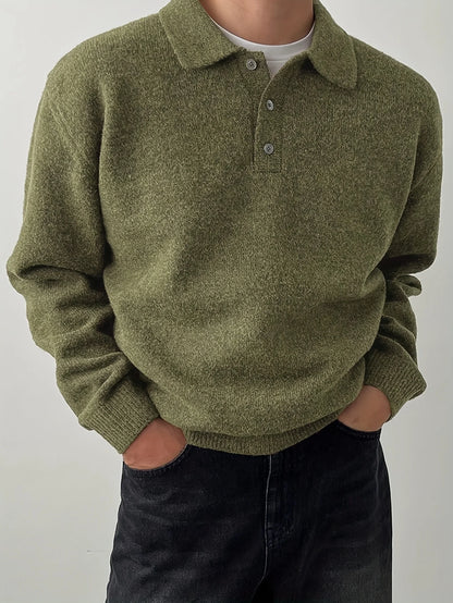 LVLAEA Solid Color Men Fall Winter Loungwear Shirt Long Sleeve Lapel Buttonup Collar Old Money Style Loose Warm Fashion Pullover
