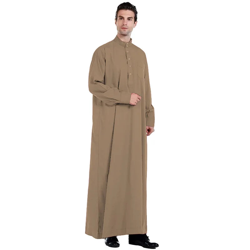 New Middle East Men Thobe Pure Color Qatar Stand Collar Robe Muslim Gown Muslim Fashion Ropa Turca Islamic Clothing