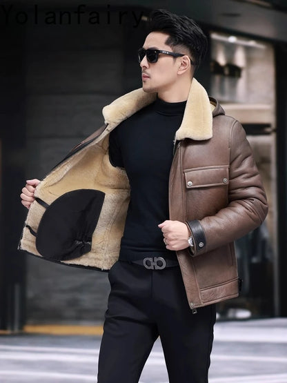 YOLANFAIRY Luxury 2025 Winter Natural Fur Coat Man Real Sheepskin Leather Jacket Men Detachable Hood Warm Wool Fur Coats Jackets