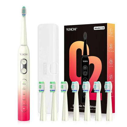 YUNCHI ultrasonic electric toothbrush with 5 operation modes and 40000 high-frequency vibrations.USB charging, waterproof