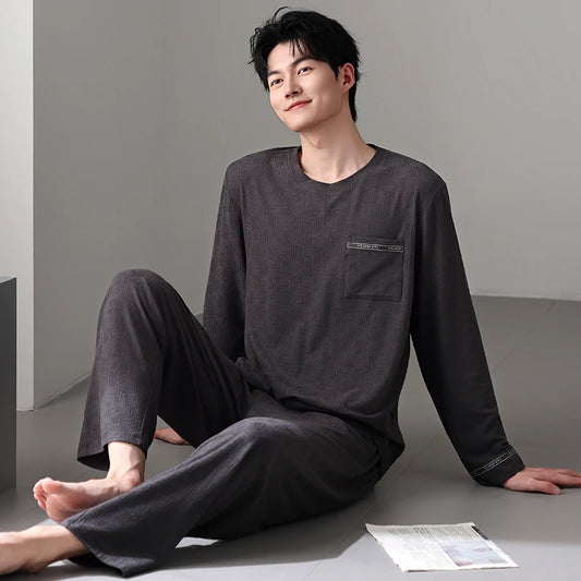 High Quality Autumn Men Pajamas Set Knited Cotton Casual Sleepwear Male Long Sleeve Pyjamas