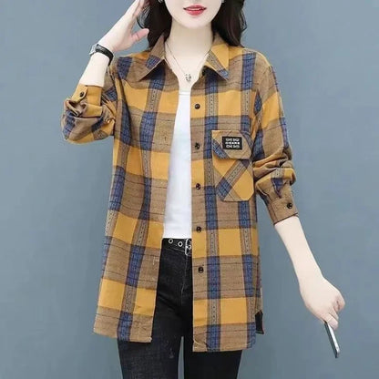 Sun Protection Long Sleeve Cotton Shirt Casual Plaid Women's Top Mom's Shirt Middle-Aged Women's Fashion Autumn 2025