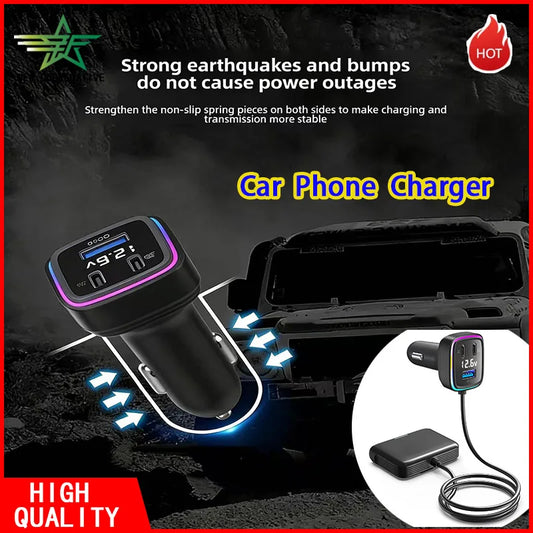 Colorful Ambient Light Car Phone Charger with Voltage Display, Super Fast PD 35W Charging & Built-in Retractable Extension Cable