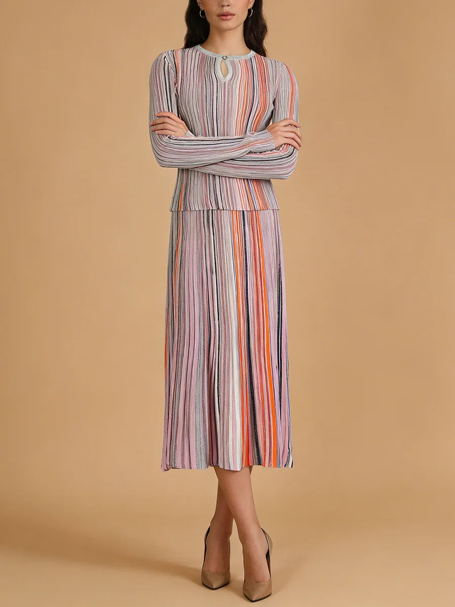 VGH Elegant Stylish Striped Knit Two Piece Set for Women Slimming Long Sleeve Pullovers Pleated Skirt Outfit for Cocktail Events
