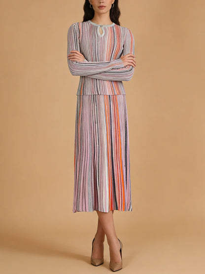 VGH Elegant Stylish Striped Knit Two Piece Set for Women Slimming Long Sleeve Pullovers Pleated Skirt Outfit for Cocktail Events