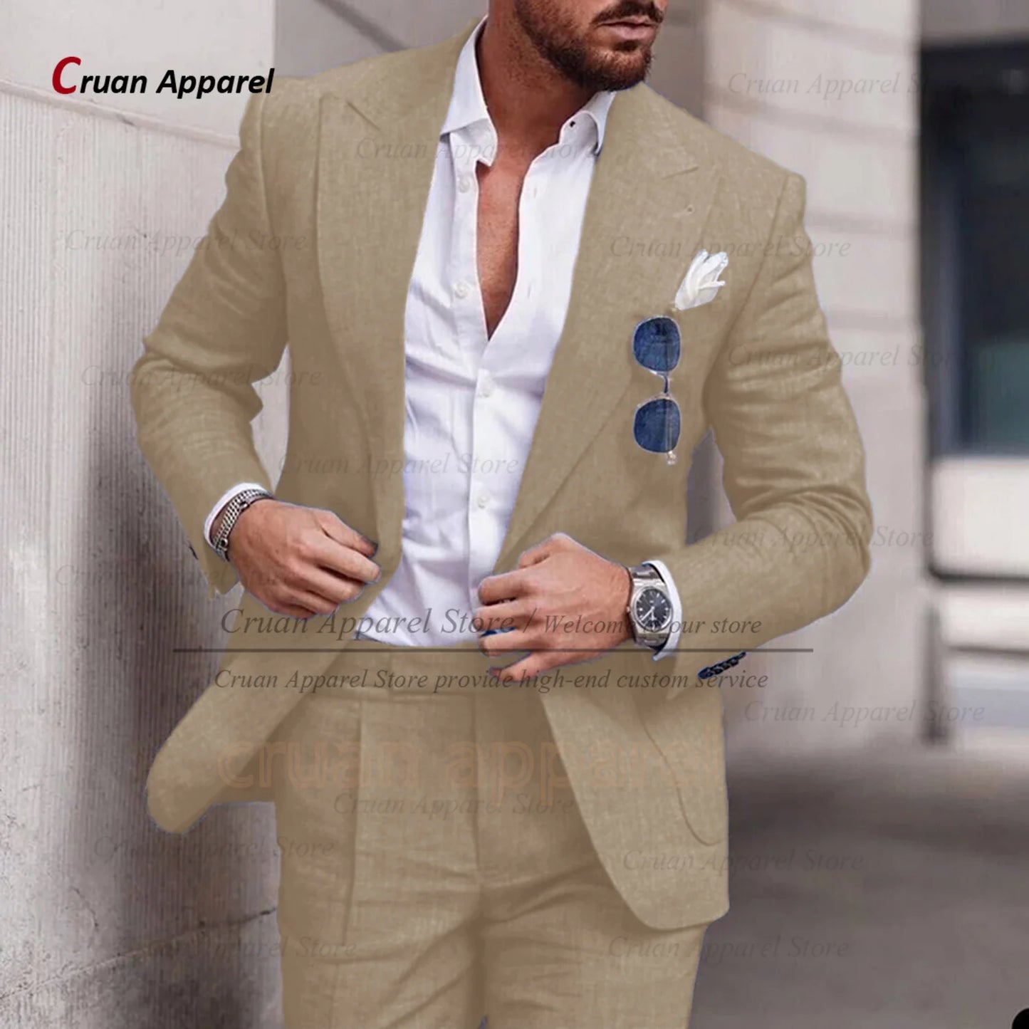 Fashion Sky Blue Linen Suit Set For Male Casual Party Fashion Blazer Pants 2Pieces Wedding Groomsman Formal Peaked Lapel Outfits