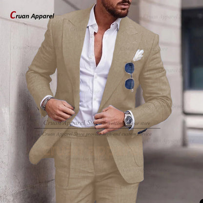 Fashion Sky Blue Linen Suit Set For Male Casual Party Fashion Blazer Pants 2Pieces Wedding Groomsman Formal Peaked Lapel Outfits