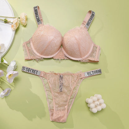 Victoria's Secret Classic Women's Lingerie Set Sexy Lace Trim Pattern Breathable Gathered Padded New Soft Bra and Panty Set