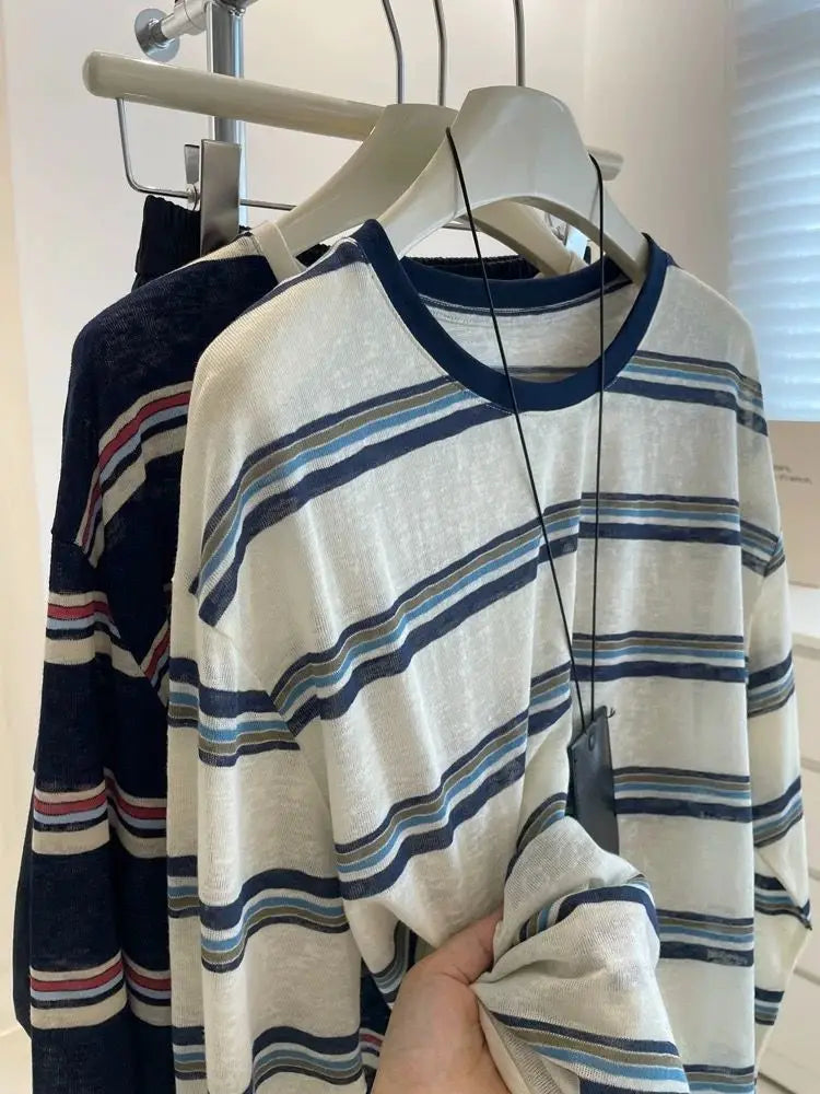 plus Size Women's Striped Long Sleeve T-Shirt Summer New Style Slimming Meat Covering Casual Loose Fit Printed Sweat Wicking