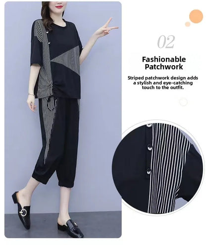 Summer New Style Women's Sporty Casual Short Sleeve TT Shirt Set Large Size Two-Piece Fashionable Korean Trendy Outfit