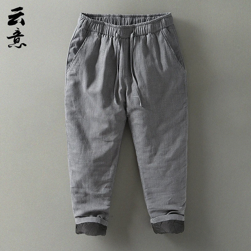 Men's Winter Thickened Cotton Linen Casual Pants Loose Fit Thermal Long Trousers Traditional Chinese Style Warm Cotton Padded