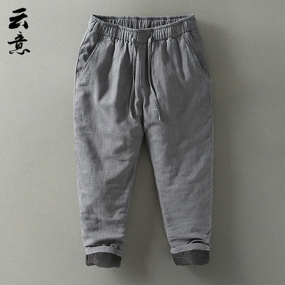 Men's Winter Thickened Cotton Linen Casual Pants Loose Fit Thermal Long Trousers Traditional Chinese Style Warm Cotton Padded