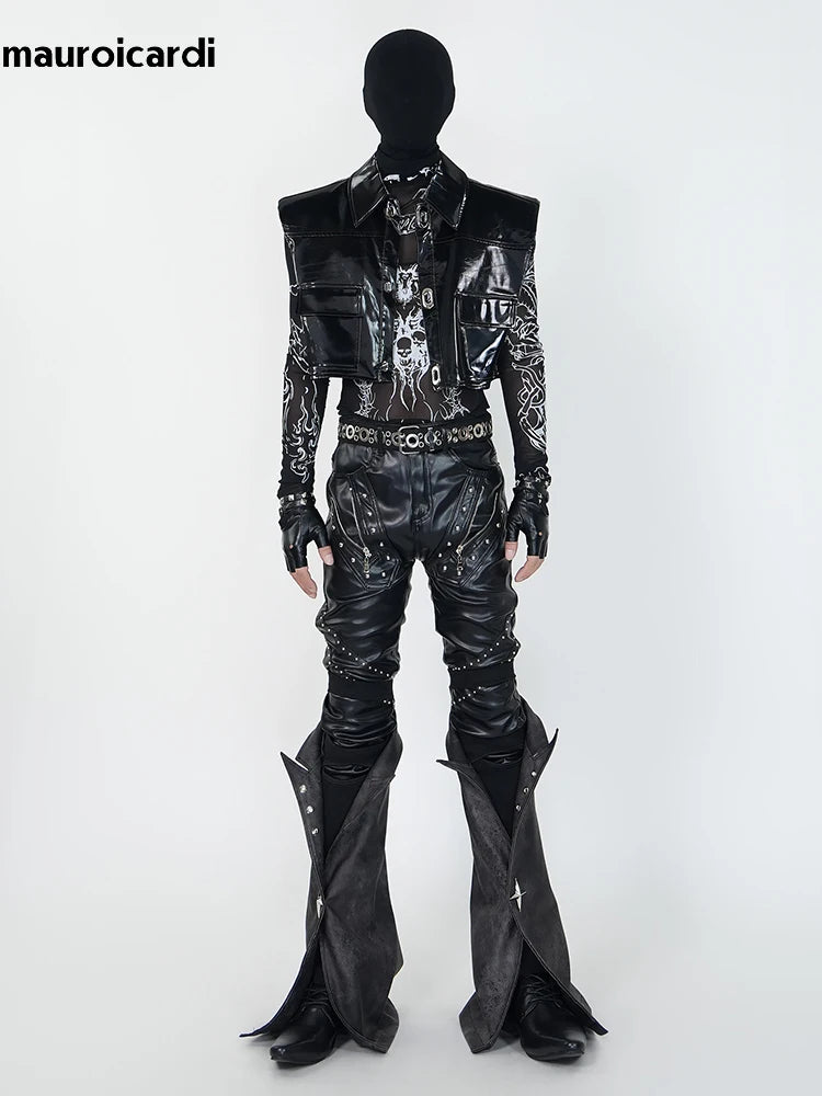 Mauroicardi Spring Skinny Black Pu Leather Motorcycle Pencil Pants for Men with Detachable Leg Covers Alternative Punk Clothes