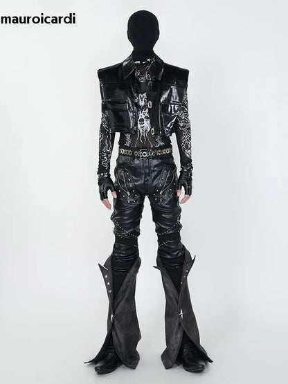 Mauroicardi Spring Skinny Black Pu Leather Motorcycle Pencil Pants for Men with Detachable Leg Covers Alternative Punk Clothes