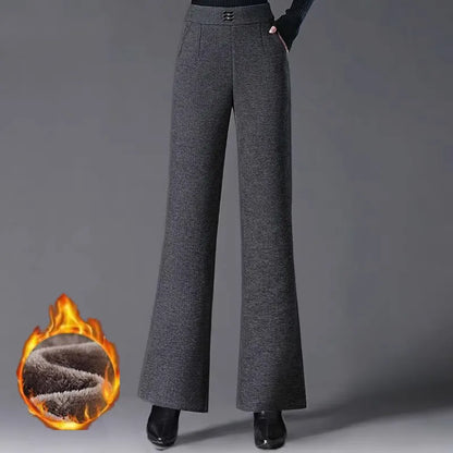 Women's Woolen Flared Pants High Waist Elastic Polyester Fiber Warm Casual Trousers for Autumn Winter 2025 New Style
