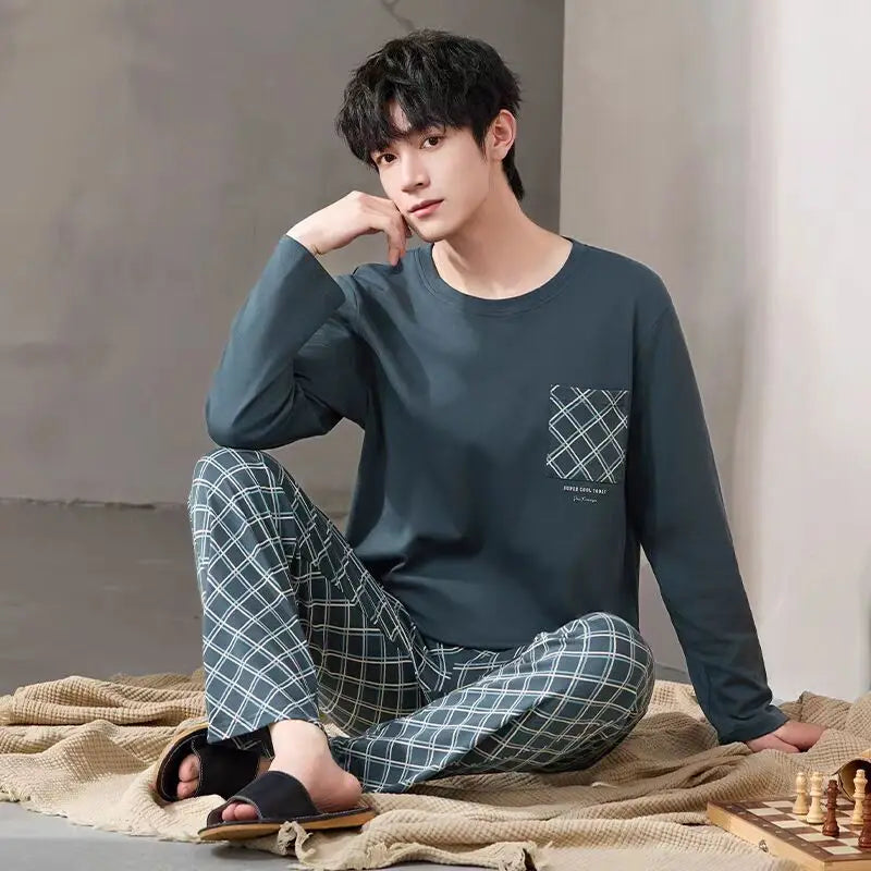 Newest Men Pajamas Set 100% Cotton Sleepwear Male Autumn Long Sleeve Pyjamas