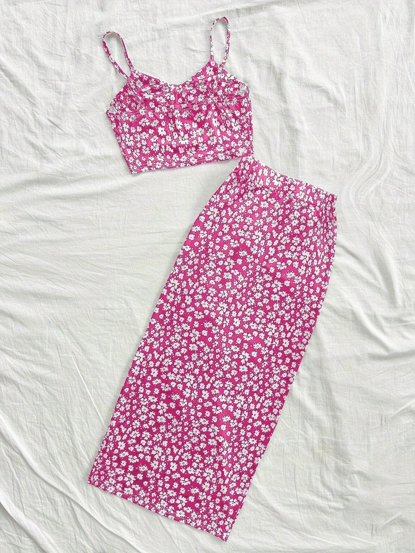 Summer Tops Women's Dress 2 piece suit swimsuit seaside vacation printed suspender Backless Slim top side slit skirt Party Dress