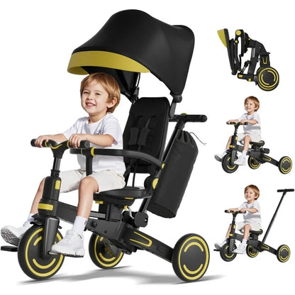 9-in-1 Push Tricycle for Toddlers Convertible Kids Trike with Adjustable Handle Safety Harness Lightweight Foldable for Boy Girl