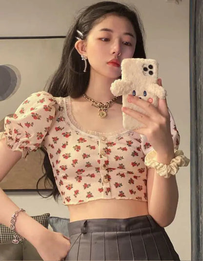 Floral Print Square Neck Short Sleeve Slim Fit T-Shirt Women's Summer 2026 New Bubble Sleeve Belly Baring Trendy Top
