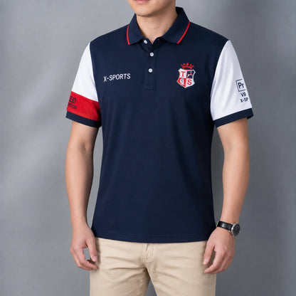 100% Pure Cotton Men Short Sleeve Polo Shirt Embroidery Trendy Contrast Color Splicing Classic Lapel Side Slits Extended Fit Sui