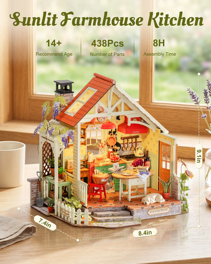 Rolife DIY Miniature House Kit 438-piece Sunlit Farmhouse Kitchen Wooden Dollhouse 3D Puzzle Tiny House Model Building Kit with LED Light Home Decor Gift for Adults Kids