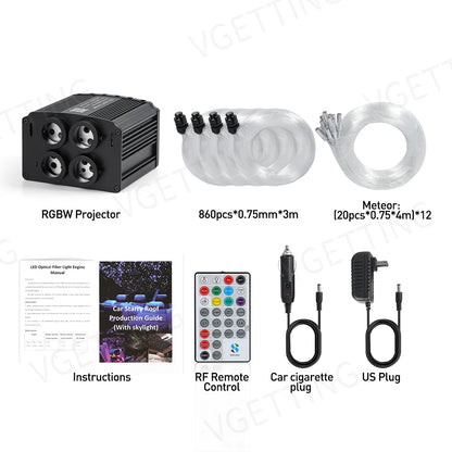 4 Port Twinkle RGBW Meteor Ceiling Car Roof Shooting Star Light LED Fiber Optic Light Starry Sky Lamp APP Music Remote Control