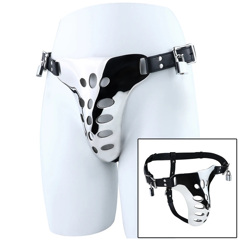 QKKQ Wearable Heavy Stainless Steel Adult Briefs With Microfiber Leather Cock Cages Penis Bondage Chastity Cage Metal Underwear
