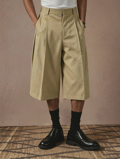 2026 SS New Arrival Men Solid Woven 7/8 Suit Pants Button Pleated Loose Straight Cropped Daily Street Trousers