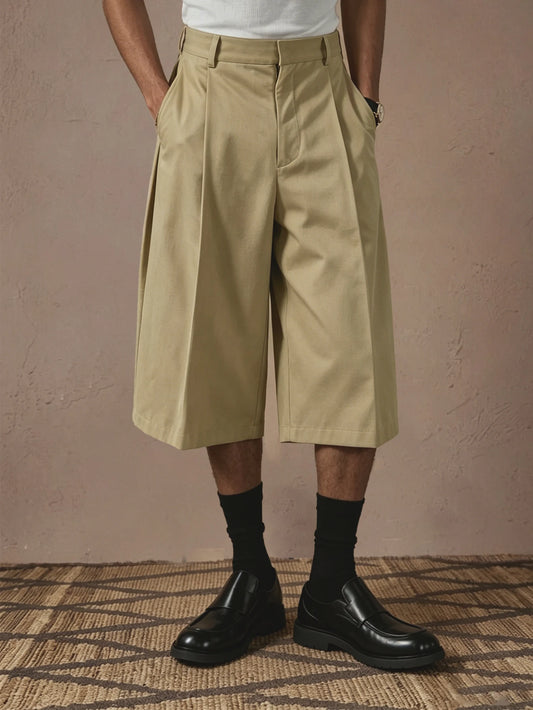 2026 SS New Arrival Men Solid Woven 7/8 Suit Pants Button Pleated Loose Straight Cropped Daily Street Trousers