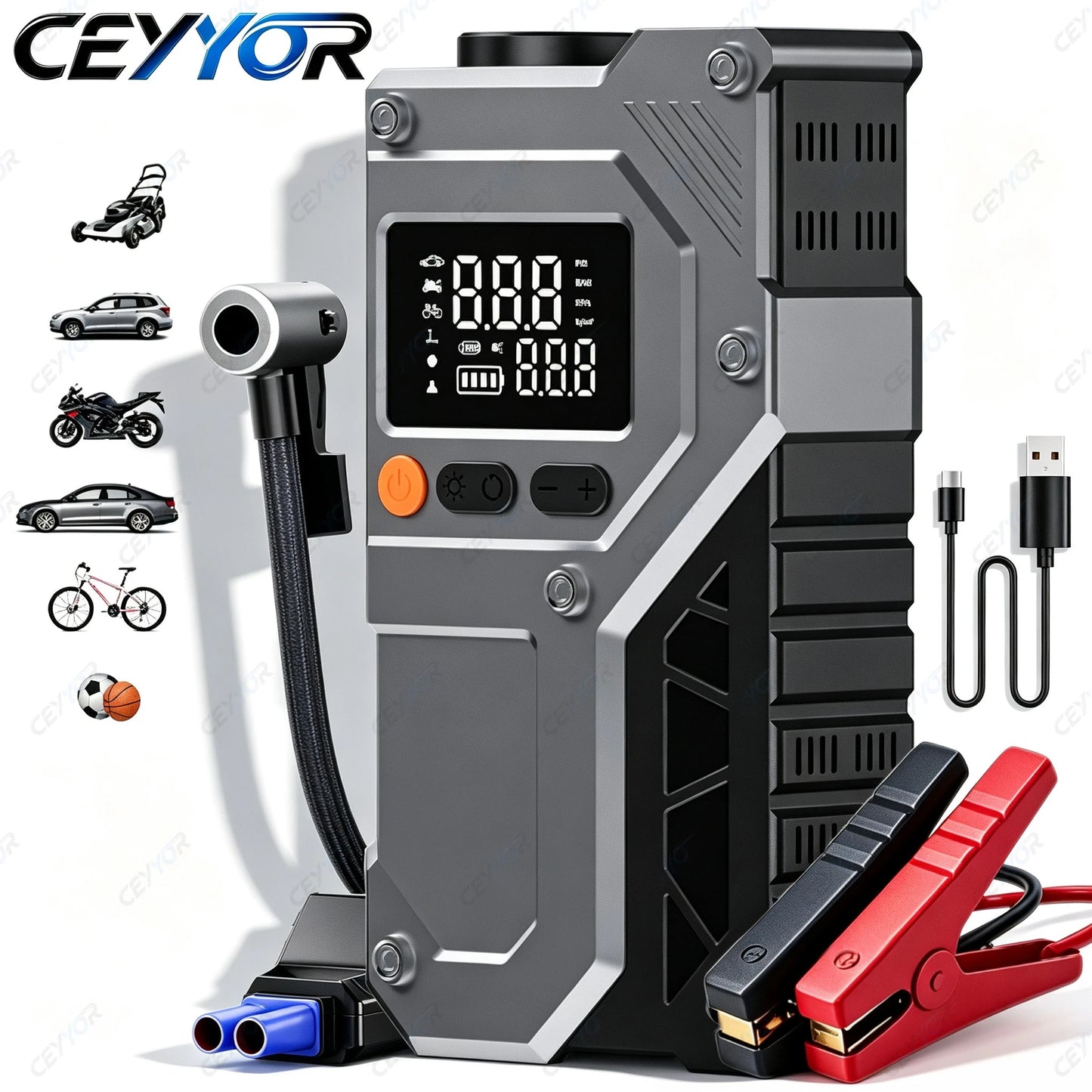 CEYYOR 12V Jump Starter Car Battery Booster Starting Device.Portable Jump Starter with 150PSI Air Compressor and LED Light.점프스타터