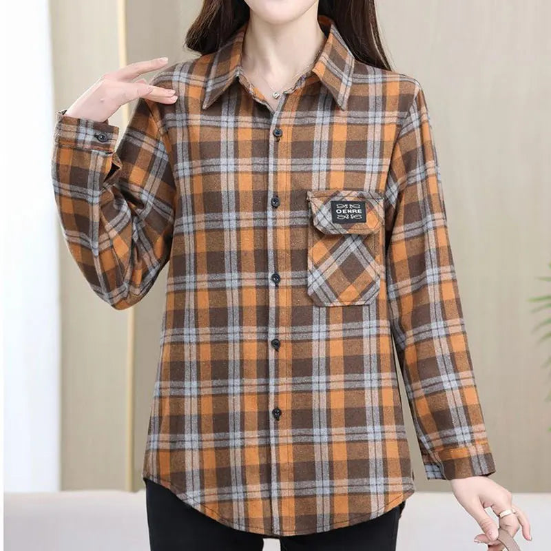 Loose Long Sleeve Mom Shirt Women's New Style Slimming Age-Defying Outerwear Versatile Early Autumn Plaid Outfit  Collar