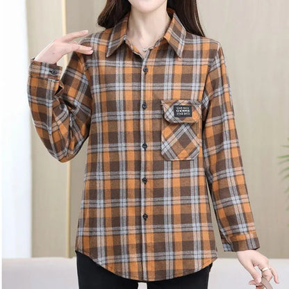 Loose Long Sleeve Mom Shirt Women's New Style Slimming Age-Defying Outerwear Versatile Early Autumn Plaid Outfit  Collar