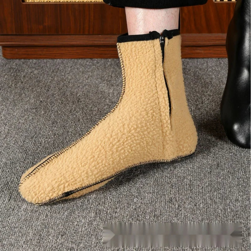 Unisex Zipper Black Winter Stockings Adult Men and Women Middle High Tube Fleece-lined Thick Keep Warm Leather Floor Room Socks