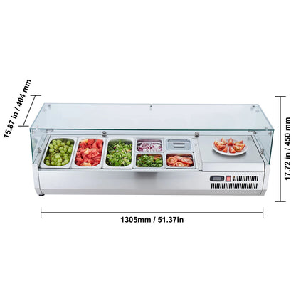 SucceBuy Refrigerated Condiment Prep Station with 3 1/3 Pans & 4 1/6 Pans 304 Stainless Body and PC Lid with Glass Guard ETL