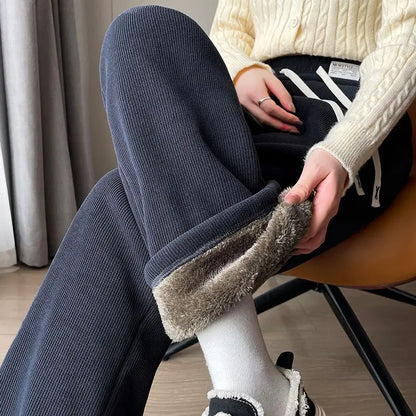 Thickened Fleece Warm Lamb Velvet Wide Leg Pants Straight Cut Winter plus Size Women's Clothing High Waist Casual Trousers