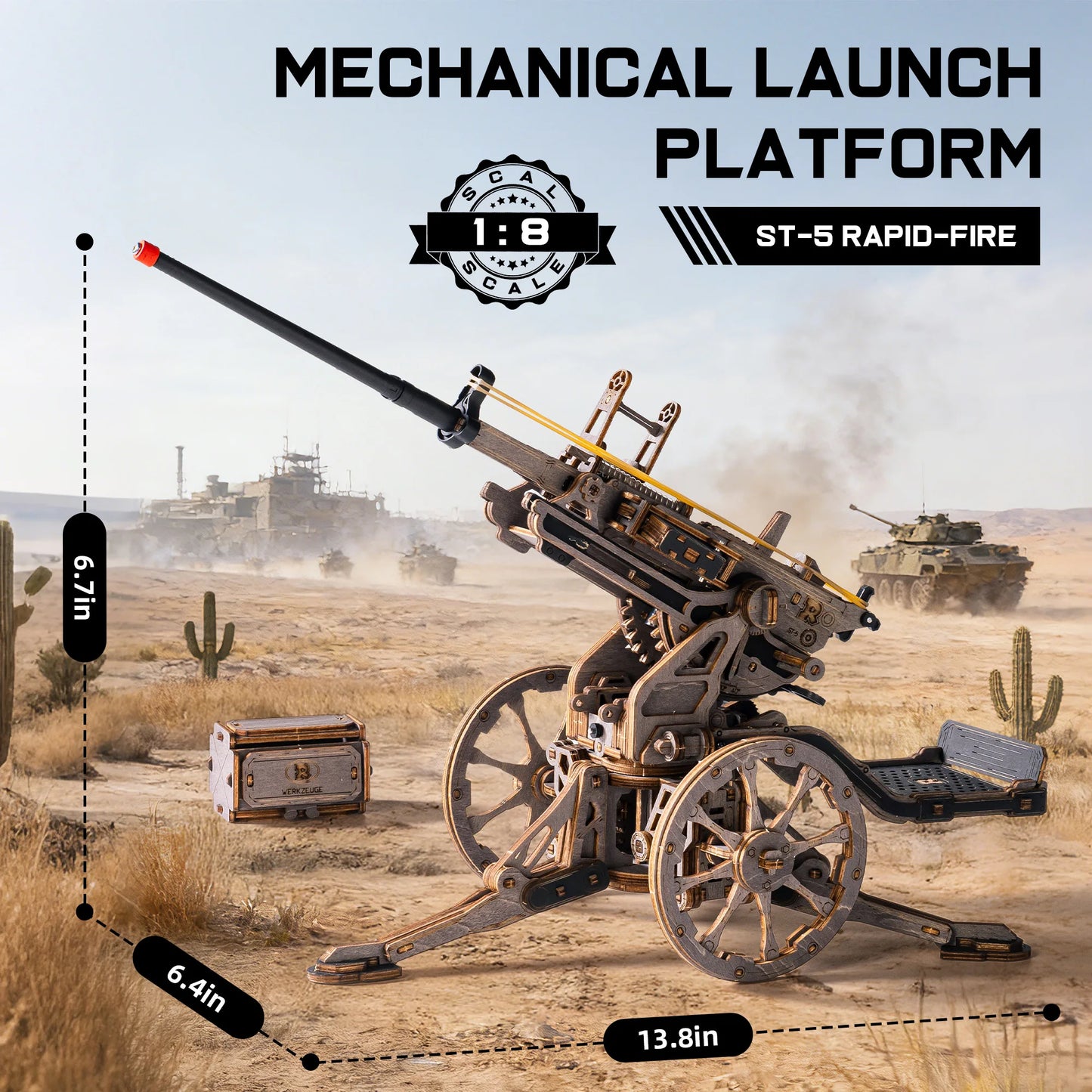 ROKR Anti-aircraft Gun Wooden 3D Puzzle Mechanical Rubber Band Shooting Model Building Kit 133-Piece Puzzle Toys for Desktop Decor Gift for Adults Kids