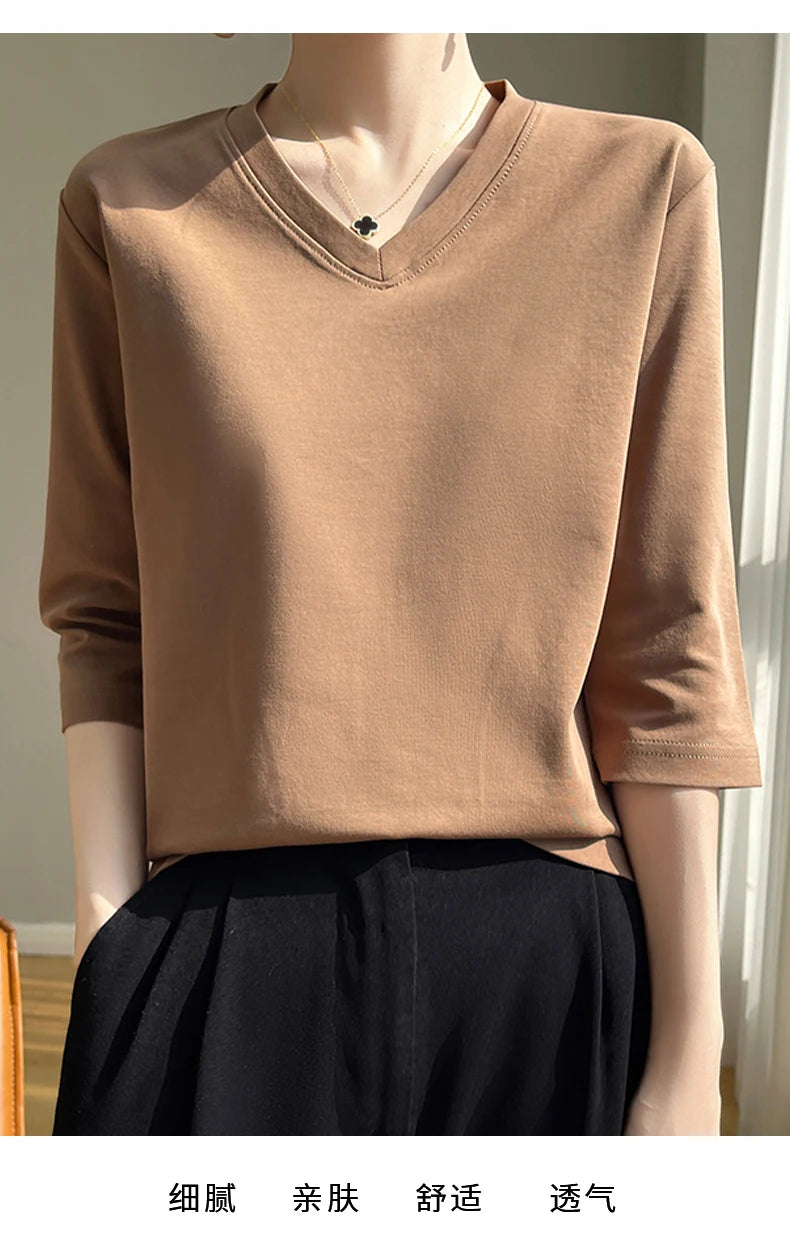 Spring And Summer New White Mercerized Cotton Cropped Sleeve T-shirt Feminine Joker 100% Cotton Bottoming Shirt Half Sleeve