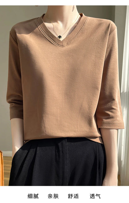 Spring And Summer New White Mercerized Cotton Cropped Sleeve T-shirt Feminine Joker 100% Cotton Bottoming Shirt Half Sleeve