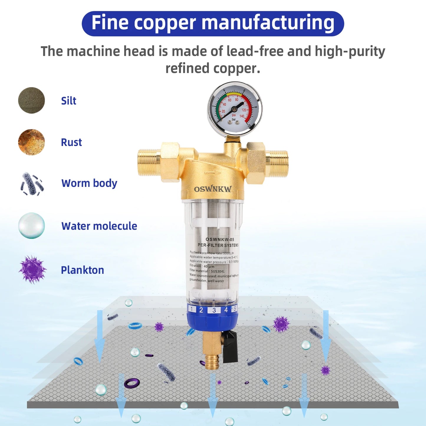 OSWNKW-05 Pre Filter Purifier Whole House Spin Down Sediment Water Filter Central Prefilter System Backwash Stainless Steel Mesh