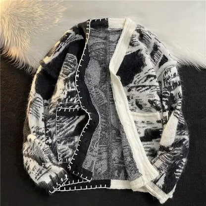 Man Clothes Black Y2k Vintage Tie Dye Knitted Sweaters for Men Cardigan V Neck Aesthetic with Pockets Maletry A Winter 2025 Fun