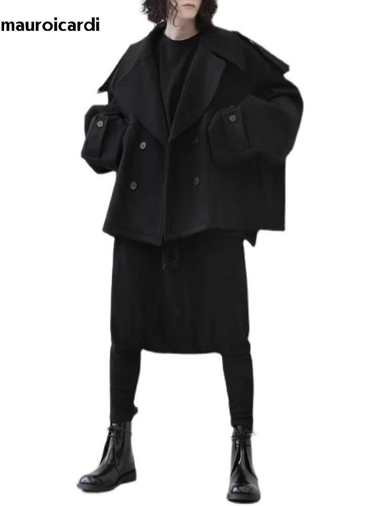 Mauroicardi Autumn Winter Warm Oversized Black Woolen Coat Men Cool Loose Luxury Dark Academia Aesthetic Vintage Clothes 2023