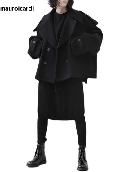 Mauroicardi Autumn Winter Warm Oversized Black Woolen Coat Men Cool Loose Luxury Dark Academia Aesthetic Vintage Clothes 2023