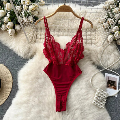 Sexy Lace Strap Jumpsuit Slim Fit Transparent Women's Pajamas Halter Playsuit Erotic Lingerie Catsuit Backless Hollowed Bodysuit
