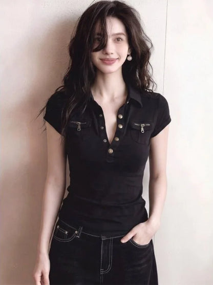 American Retro  Collar Short Sleeve T-Shirt Women Summer Slim Fit Waist Cinching Short Length Pocket Top Casual Wear