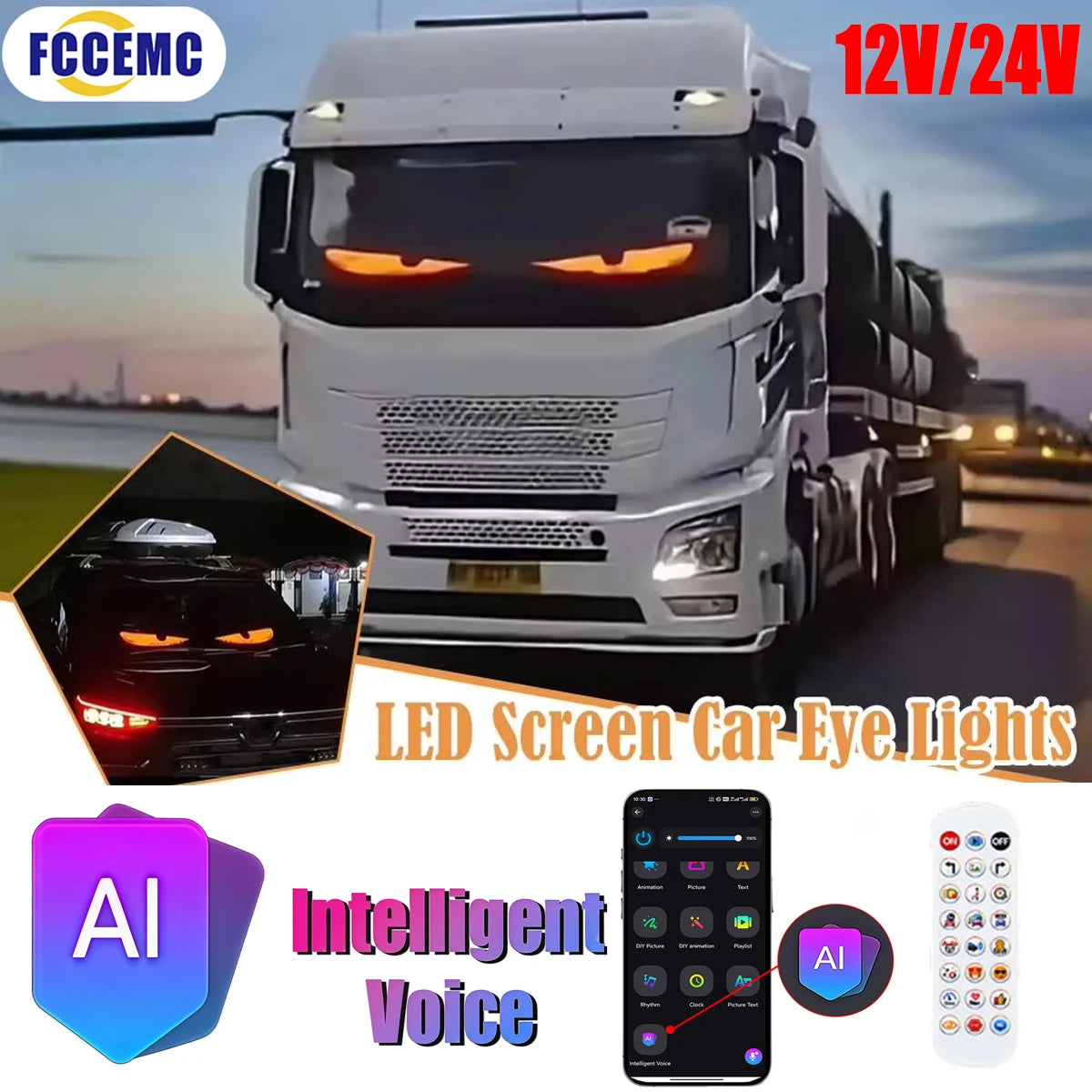 Large LED Truck Car Devil Eye Light With AI Voice Function APP Remote Control Custom Text Pattern Decoration Lighting 12V 24V