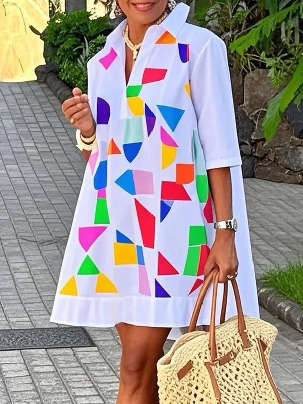 2026 New Fashion Geometric Printed White Shirt Dress For Women Half Sleeves Loose Going Out Vacation Mini Dresses
