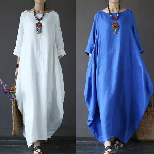 Women Summer Thin Cotton Linen Loose Dress Literary Boho Long Sleeve Dress Lady Solid Color Robe Vintage Kaftan