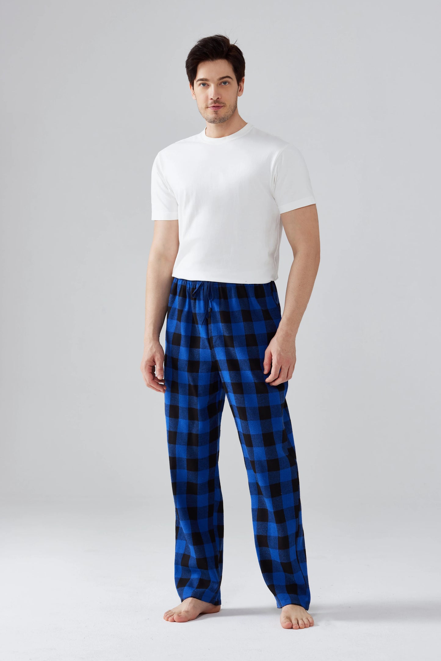 3pcs Men's Flannel Pajama Bottoms Autumn/Winter Fashion Plaid Sleeping Pants Elastic Lace Up Home Casual PJ Pants with Pockets